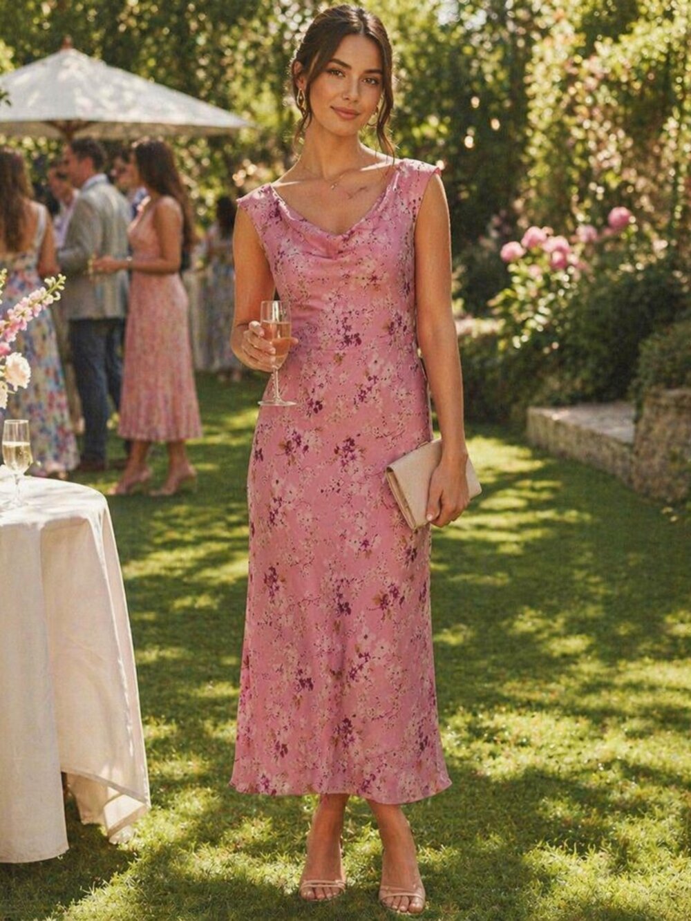 Vintage 90s Sheer Pink Floral Cowl Neck Midi Dress Sz 9 Fairy Whimsy Y2K Flowy